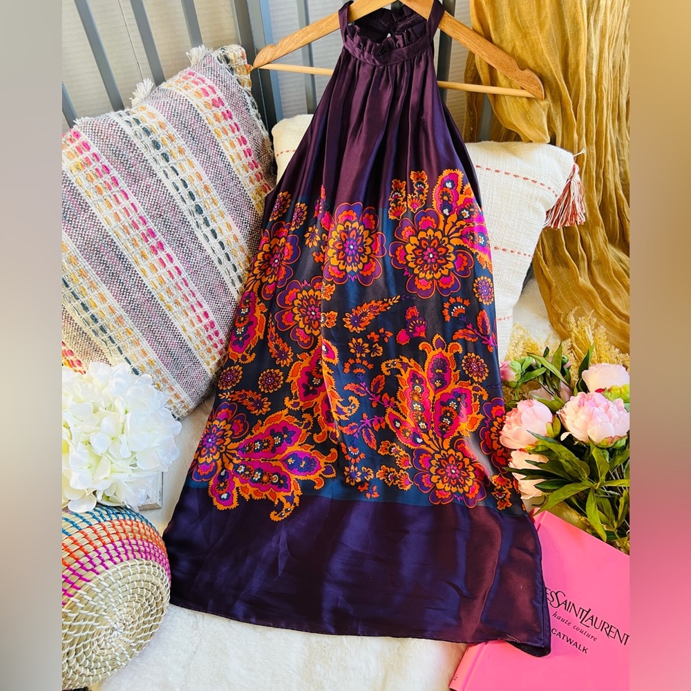 Striking deep purple halter dress in light silly dress. Zara limited edition.